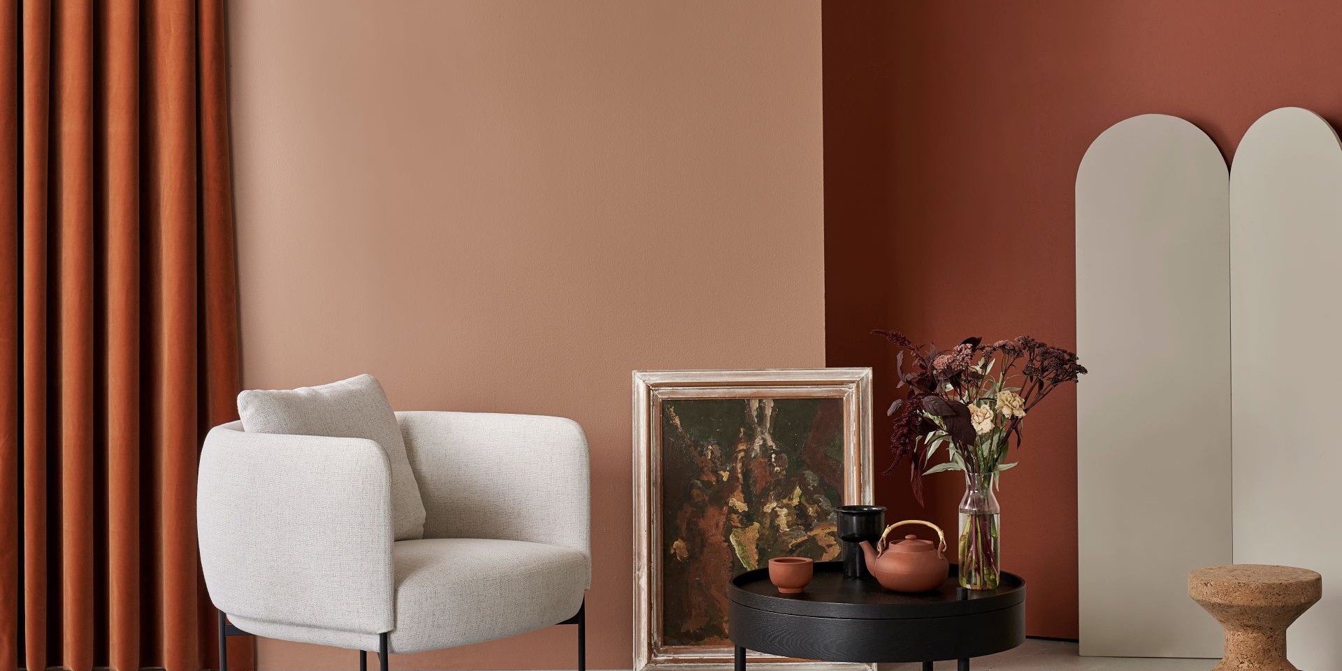 stylish living room with light brown and dark terracotta colour section