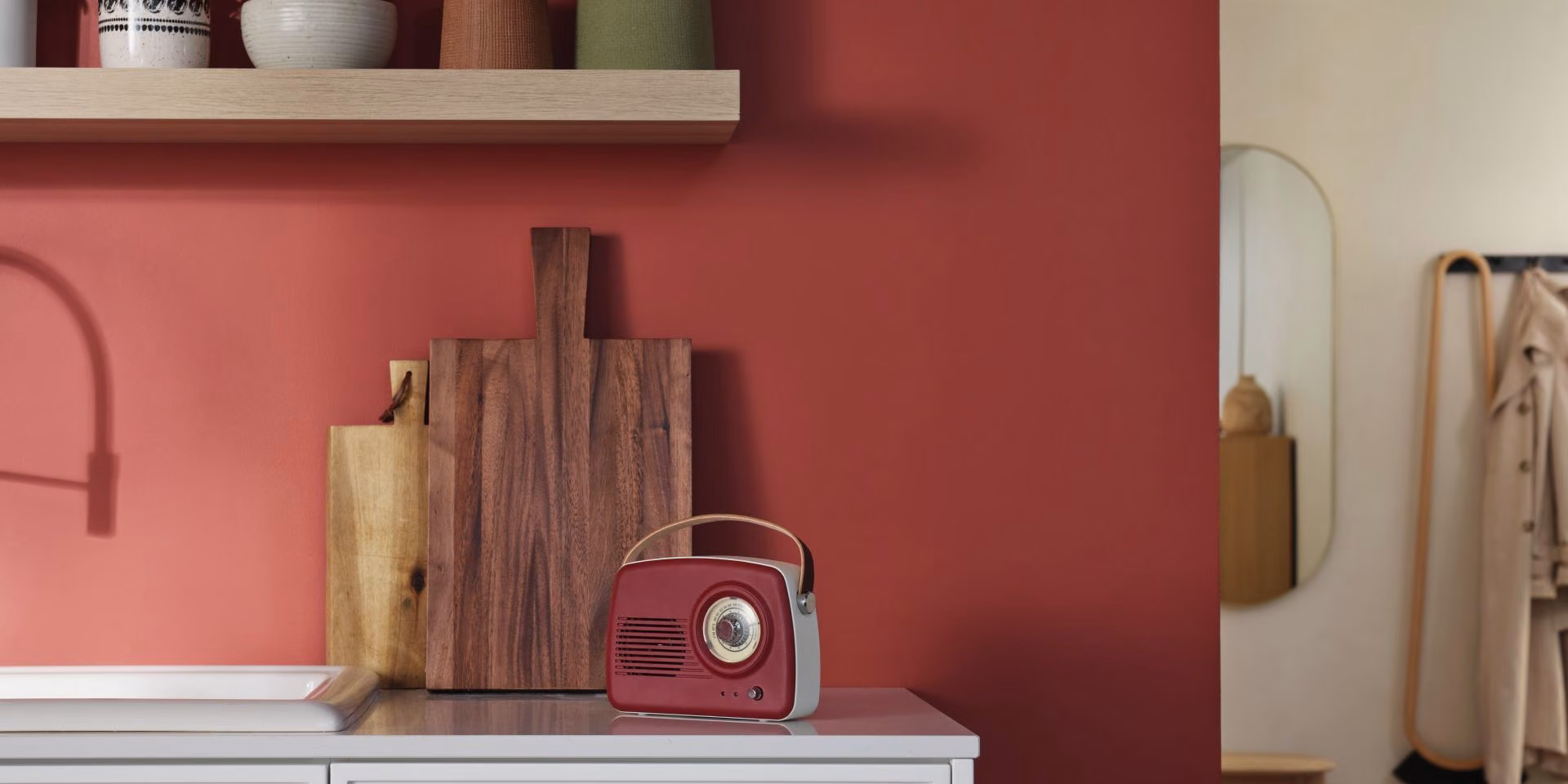 Red painted wall in kitchen
