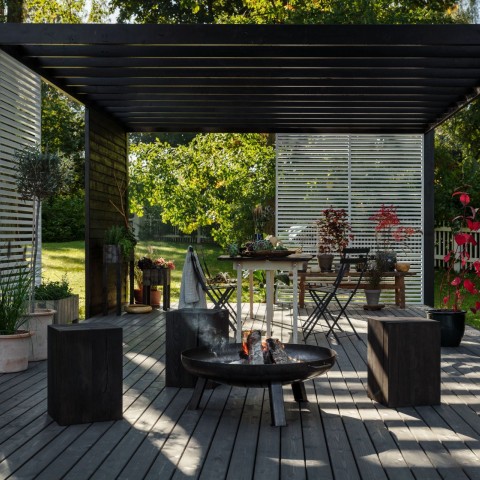 dark colour terrace and wooden furniture