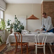bohemian dinning room with beige colour wall and green plants