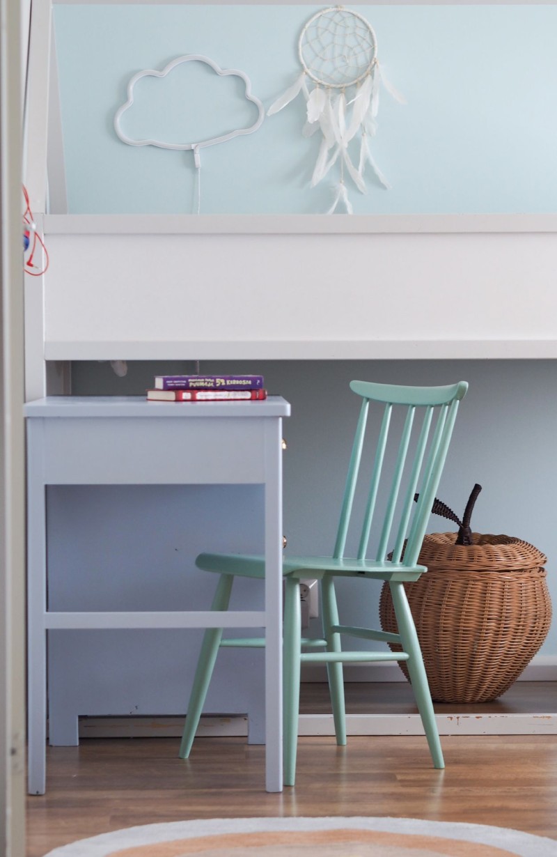 light blue colour wall in kids room with blue colour desk and mint green colour chair