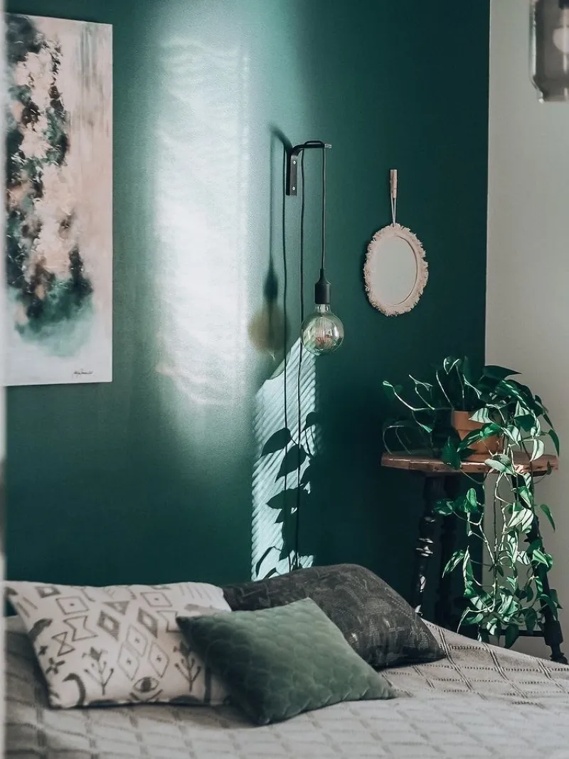 rich green colour wall in bedroom