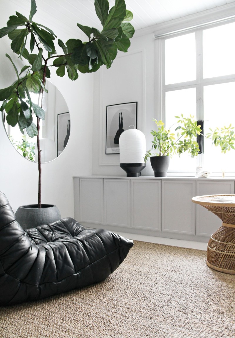 bright room with grey colour cabinet and black leather sofa