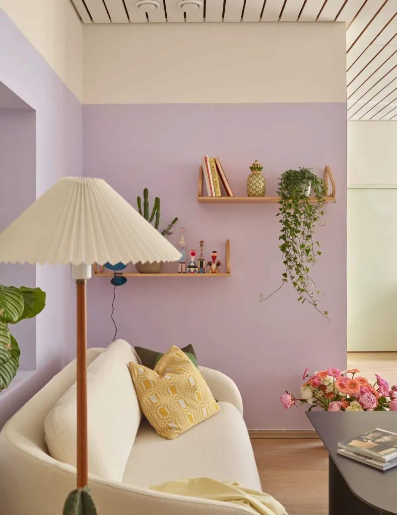 light lilac colour section on wall and beige colour sofa in meeting area