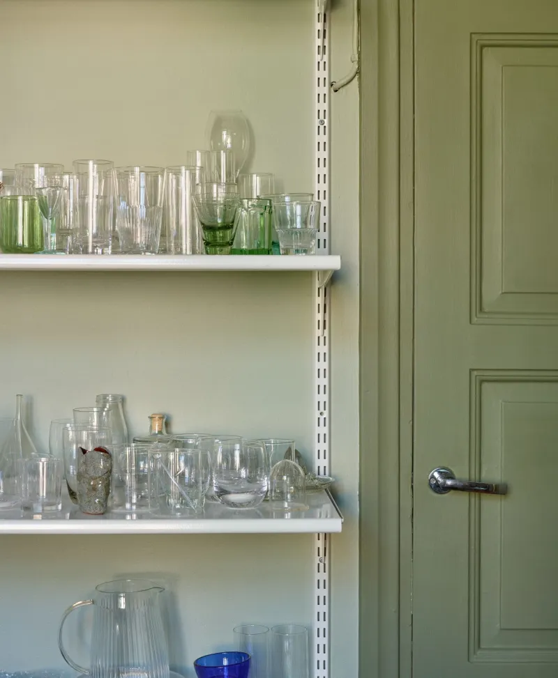 light green colour on shelf wall and green colour door